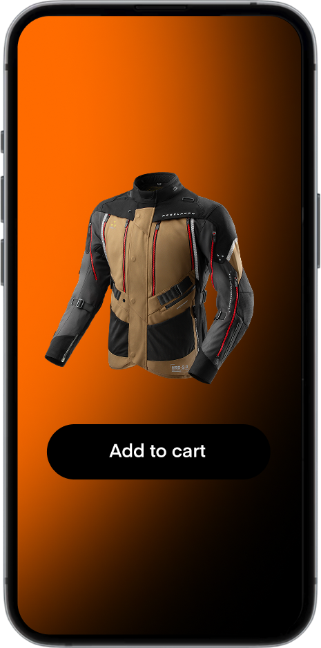Phone screen displaying a motorcycle jacket with 'Add to cart' button on an orange gradient background