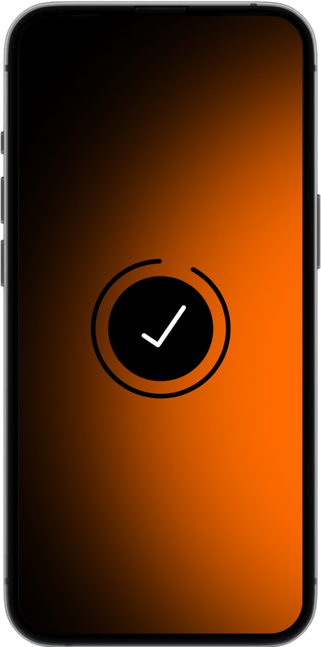 Phone case with a black circle and white check mark on an orange gradient background